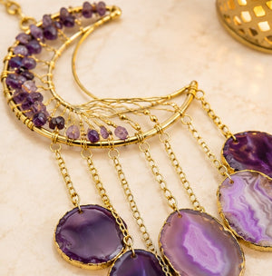 Purple Agate Crescent Moon Wind Chime | Natural Gemstone Window Hanging