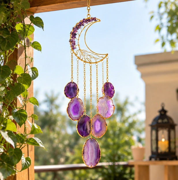 Purple Agate Crescent Moon Wind Chime | Natural Gemstone Window Hanging