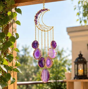 Purple Agate Crescent Moon Wind Chime | Natural Gemstone Window Hanging