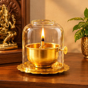 Divine Glow Glass Dome Diya with Golden Decorative Base for Pooja Room