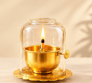 Divine Glow Glass Dome Diya with Golden Decorative Base for Pooja Room