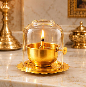 Divine Glow Glass Dome Diya with Golden Decorative Base for Pooja Room
