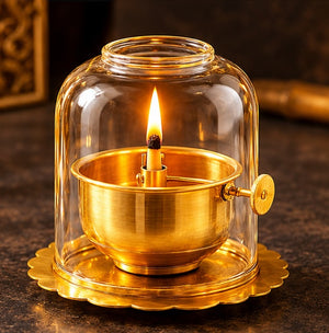 Divine Glow Glass Dome Diya with Golden Decorative Base for Pooja Room