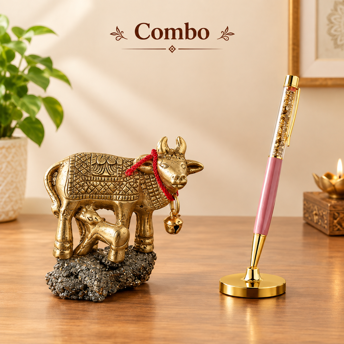 Prosperity Grace Combo|Golden Kamdhenu Cow with Calf on Natural Pyrite Crystal Base + Pyrite Crystal Pen