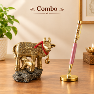 Prosperity Grace Combo|Golden Kamdhenu Cow with Calf on Natural Pyrite Crystal Base + Pyrite Crystal Pen