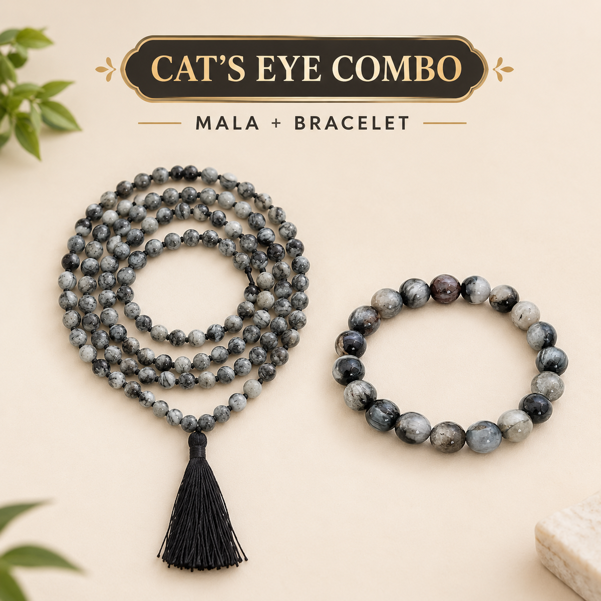 Protection & Intuition Crystal Duo – Cats Eye Bracelet & Mala