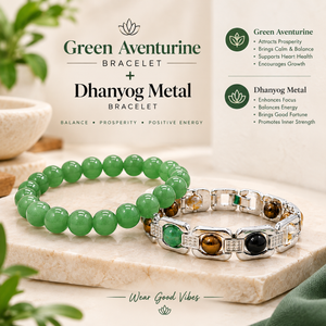Luck & Wealth Crystal Duo – Green Aventurine & Dhanyog Metal Bracelets