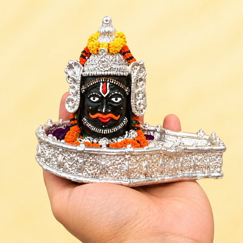Mahakaleshwar Mahadev Shivling with Ornate Silver-Finish Jaladhari Base