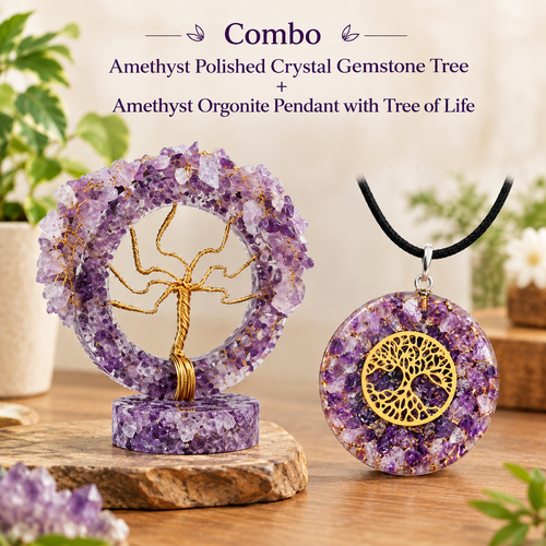 Amethyst Crystal Duo | Polished Gemstone Tree & Orgonite Tree of Life Pendant
