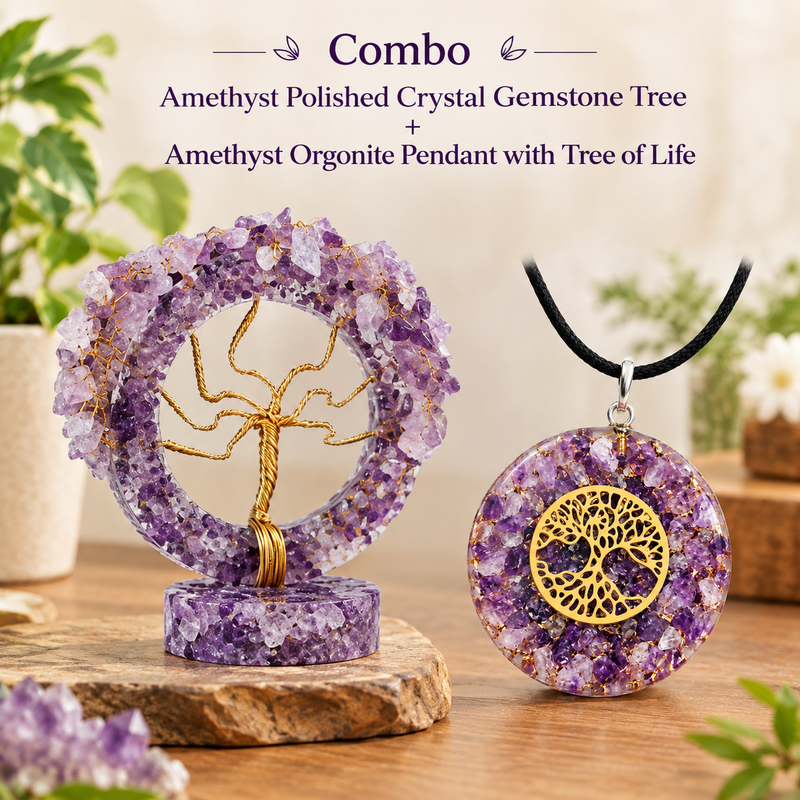 Amethyst Crystal Duo | Polished Gemstone Tree & Orgonite Tree of Life Pendant