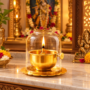 Divine Glow Glass Dome Diya with Golden Decorative Base for Pooja Room
