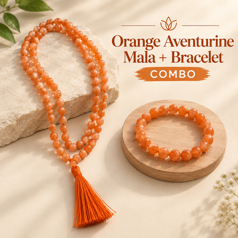 Confidence & Creative Energy Crystal Duo – Orange Aventurine Bracelet & Mala