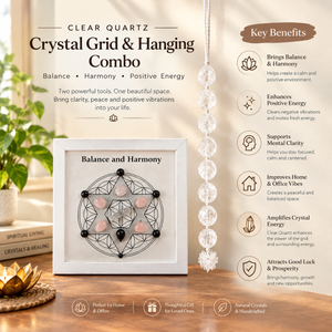 Crystal Harmony Duo | Framed Crystal Grid for Balance & Harmony + Clear Quartz Tumble Hanging