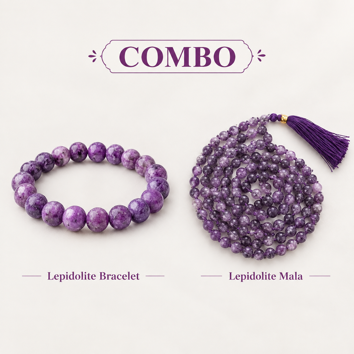 Peace & Emotional Balance Set – Lepidolite Bracelet & Mala