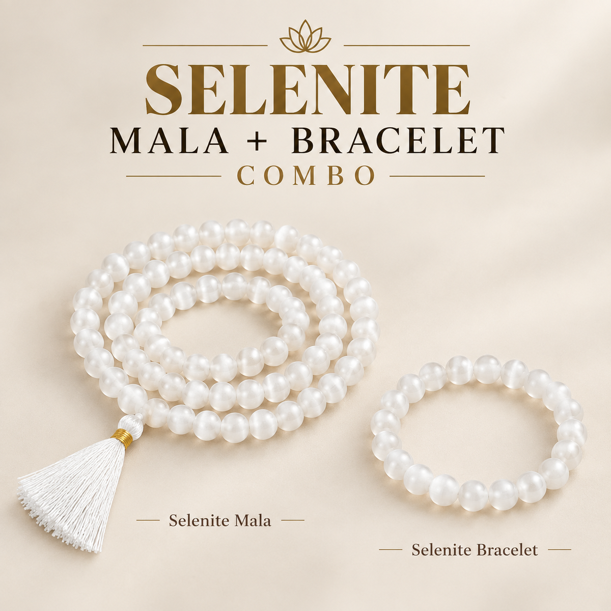 Purity & Peace Crystal Collection – Selenite Bracelet & Mala