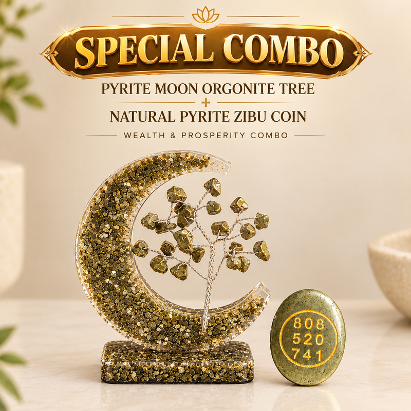 Pyrite Prosperity Duo | Moon Orgonite Tree & Natural Zibu Coin