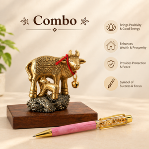 Prosperity Grace Combo|Golden Kamdhenu Cow with Calf on Natural Pyrite Crystal Base + Pyrite Crystal Pen