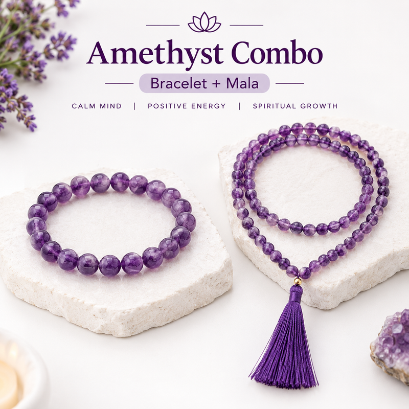 Calm Mind & Spiritual Balance Set – Amethyst Bracelet & Mala