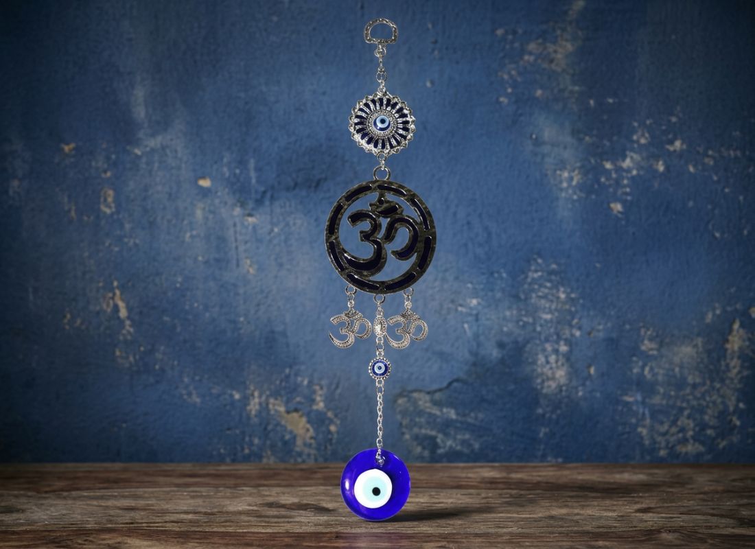 Om Evil Eye Hanging with Blue Nazar Protection Design for Home Decor
