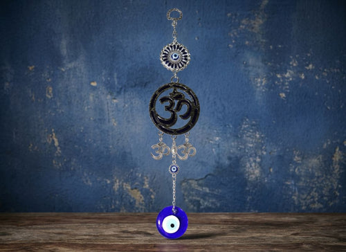 Om Evil Eye Hanging with Blue Nazar Protection Design for Home Decor