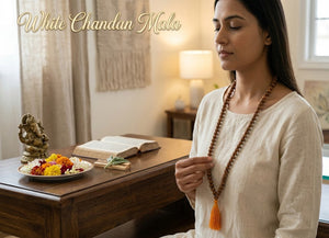 White Chandan Mala (Sandalwood Mala) Natural Sandalwood Beads Spiritual Necklace