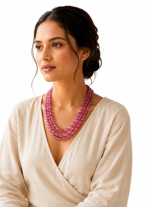 Pink Tourmaline Crystal Beads Mala Spiritual Necklace