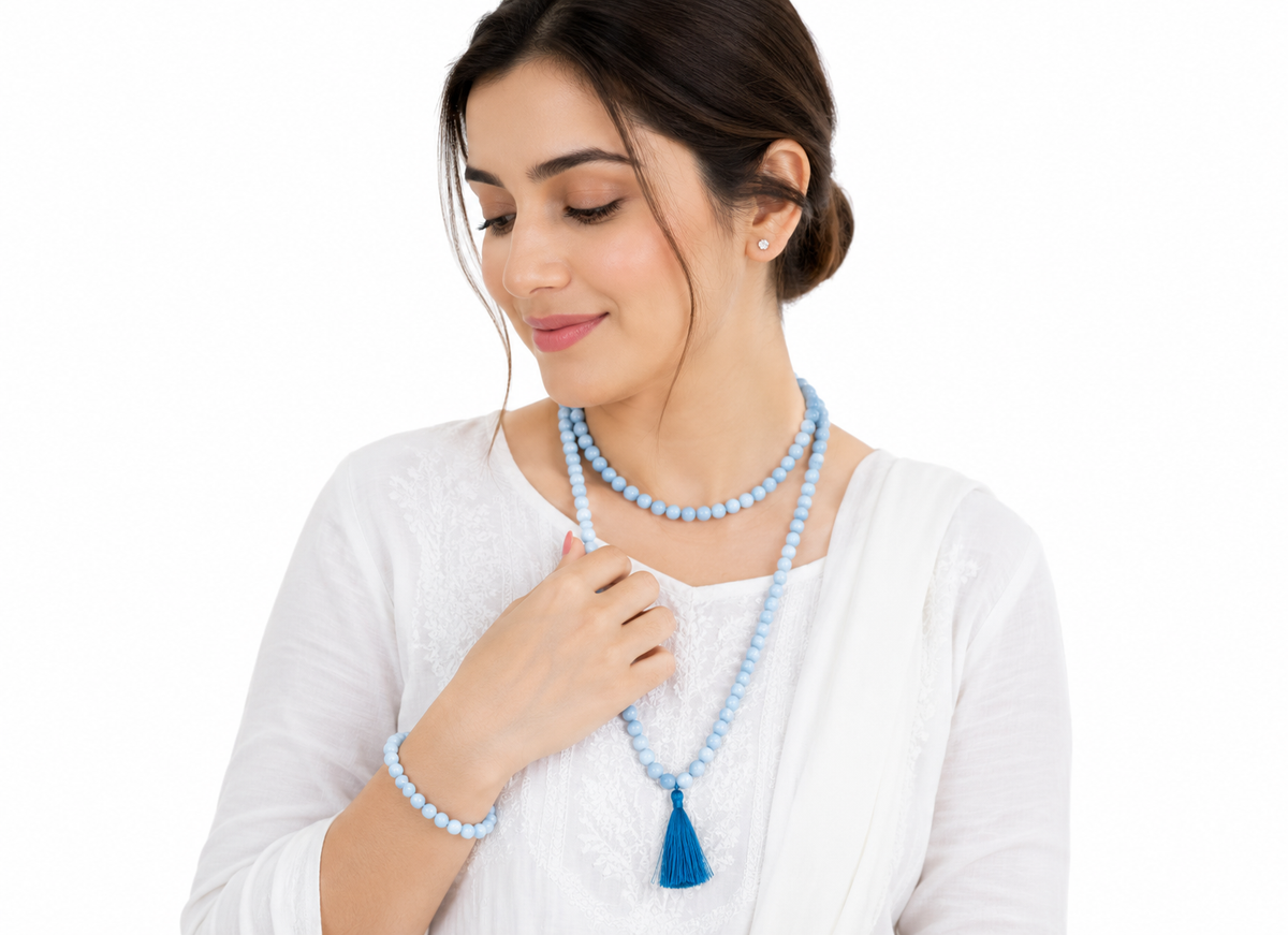 Aquamarine Crystal Beads Mala Spiritual Necklace