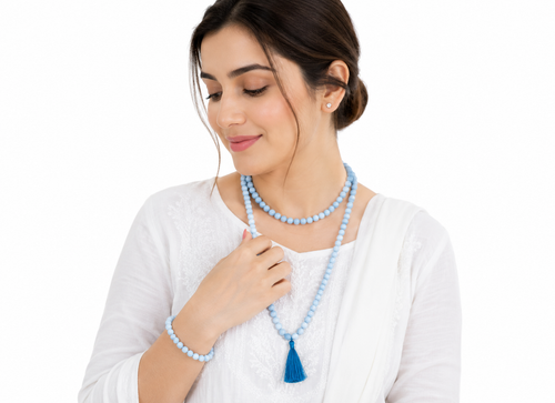 Aquamarine Crystal Beads Mala Spiritual Necklace