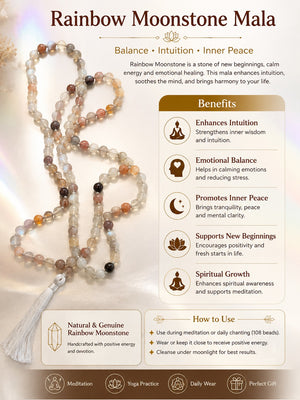 Rainbow Moonstone Crystal Beads Mala Spiritual Necklace