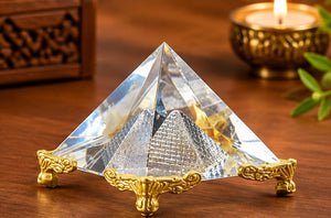 Feng Shui Crystal Pyramid with Golden Stand Vastu Showpiece