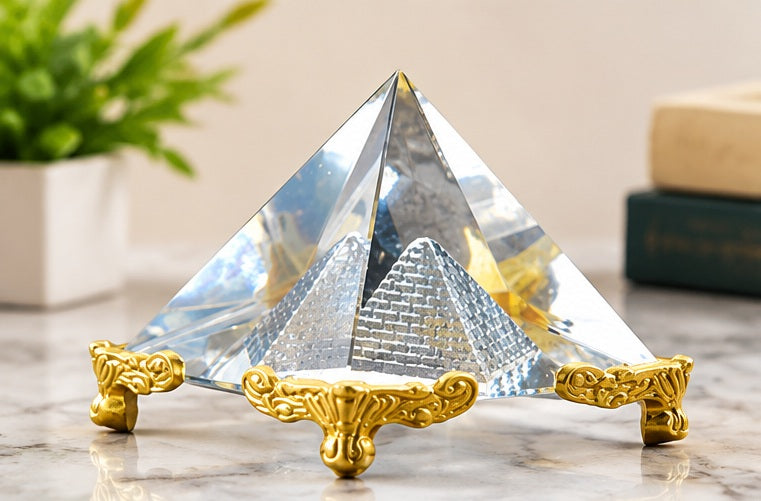 Feng Shui Crystal Pyramid with Golden Stand Vastu Showpiece
