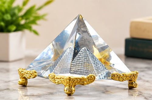 Feng Shui Crystal Pyramid with Golden Stand Vastu Showpiece