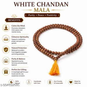 White Chandan Mala (Sandalwood Mala) Natural Sandalwood Beads Spiritual Necklace
